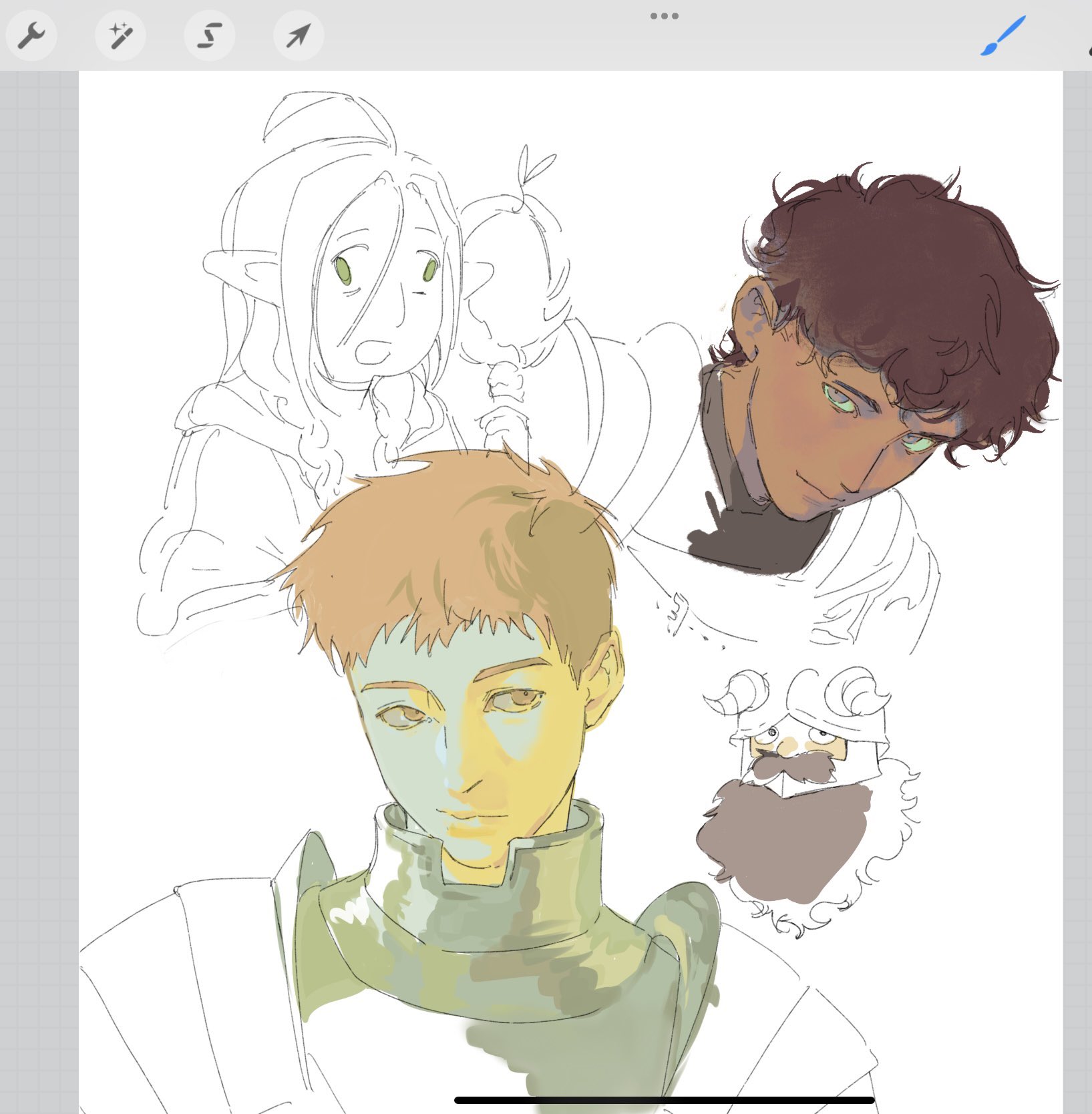 the image is a digital drawing of three characters. it appears to be in the process of being colored. the line art is complete and some of the base colors have been added. one character is an elf woman, another is a man with short hair, and the third appears to be a dwarf. the elf woman is in the upper left corner and is looking to the left. the man is in the center and is looking forward. the dwarf is in the lower right corner and is looking to the left. the image has a soft light source and is drawn from a front view.