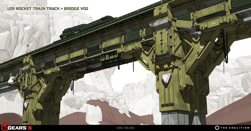 this is concept art for the video game gears 5. it is a digital painting of a large green metal bridge with a train on top.  the bridge is supported by large pillars and is surrounded by mountains.  this piece is by artist carlo balassu.