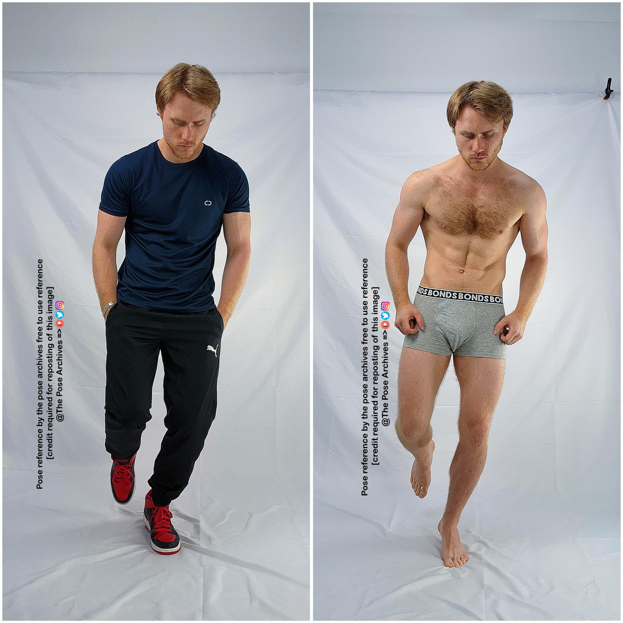 a male model is captured in two poses against a simple white backdrop. on the left, he's fully clothed in a blue tshirt, black joggers, and red sneakers, his gaze cast downwards. the right side presents him shirtless, revealing an athletic build, with gray boxer briefs and bare feet. his expression is more intense, and his fists are clenched. both poses offer a clear view of his physique, serving as valuable references for artists.