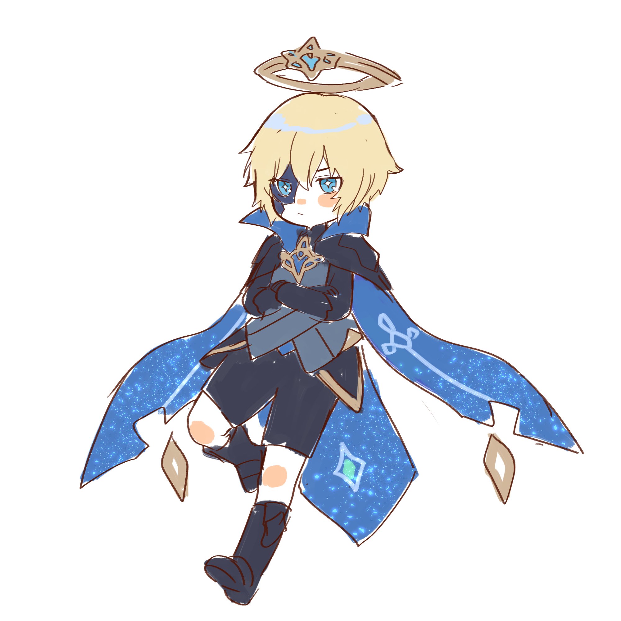 this is a digital drawing of a cute anime boy with blonde hair and blue eyes. he is wearing a blue cape with stars on it and a halo. he has a serious expression on his face. the art style is sketchy and whimsical.  the background is white.  the image is full of bright colors and playful details.  this illustration evokes a sense of fantasy and wonder.