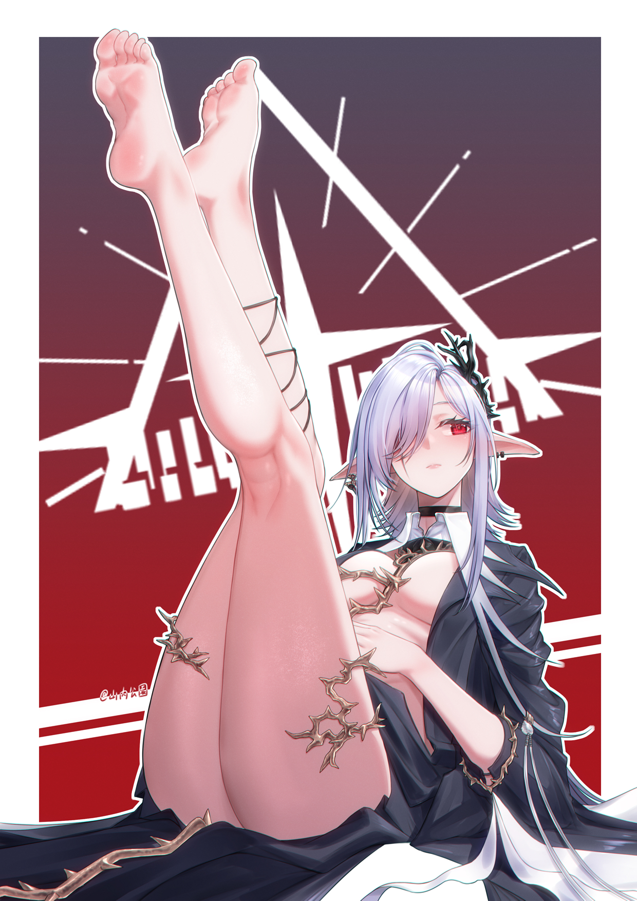 the image is a digital artwork depicting a young animestyle female elf. she has long, flowing white hair and striking red eyes.  she is wearing a dark, gothicstyle dress with what appears to be thorny or chainlike adornments wrapped around her chest and legs. her legs are raised in a provocative pose. the background features a stylized, sharp geometric design in shades of red and white. the overall style is suggestive and emphasizes the character's physical attributes. the artist's signature or watermark is subtly present.