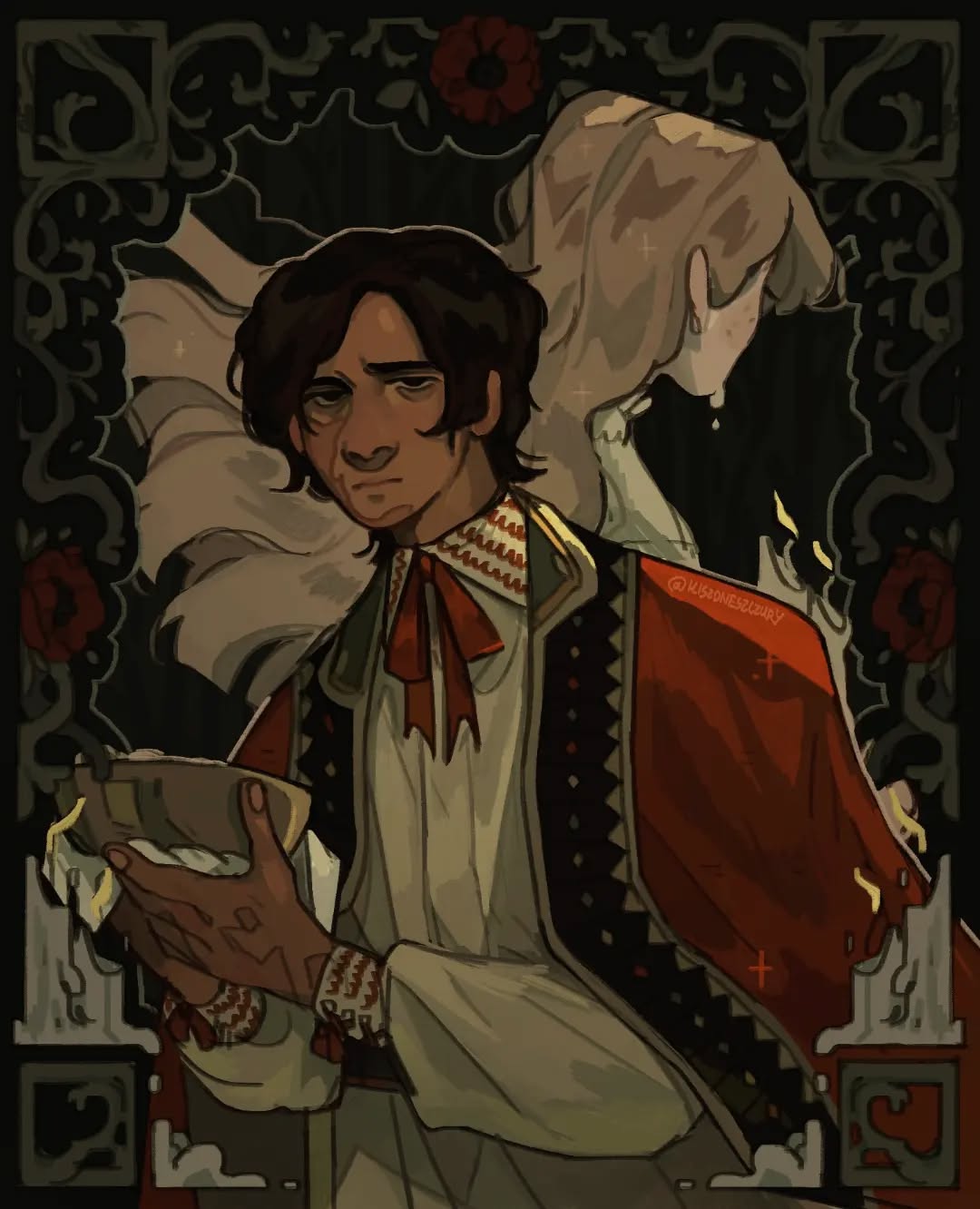 the image is a digital painting in a dark, gothic style. it depicts a man and a woman, seemingly a couple. the man, who is in the foreground, wears a red cloak with intricate black detailing and traditionallooking white clothing with embroidered accents. he holds a bowl, possibly containing food or a potion, and has a somewhat somber expression. the woman behind him is partially obscured and appears ethereal or ghostly, dressed in a lightcolored garment.  the background is dark and features an ornate frame with floral elements. candles or flames flank them. the overall mood is mysterious, romantic, and slightly melancholic. the art style suggests influences from folklore and vintage aesthetics.