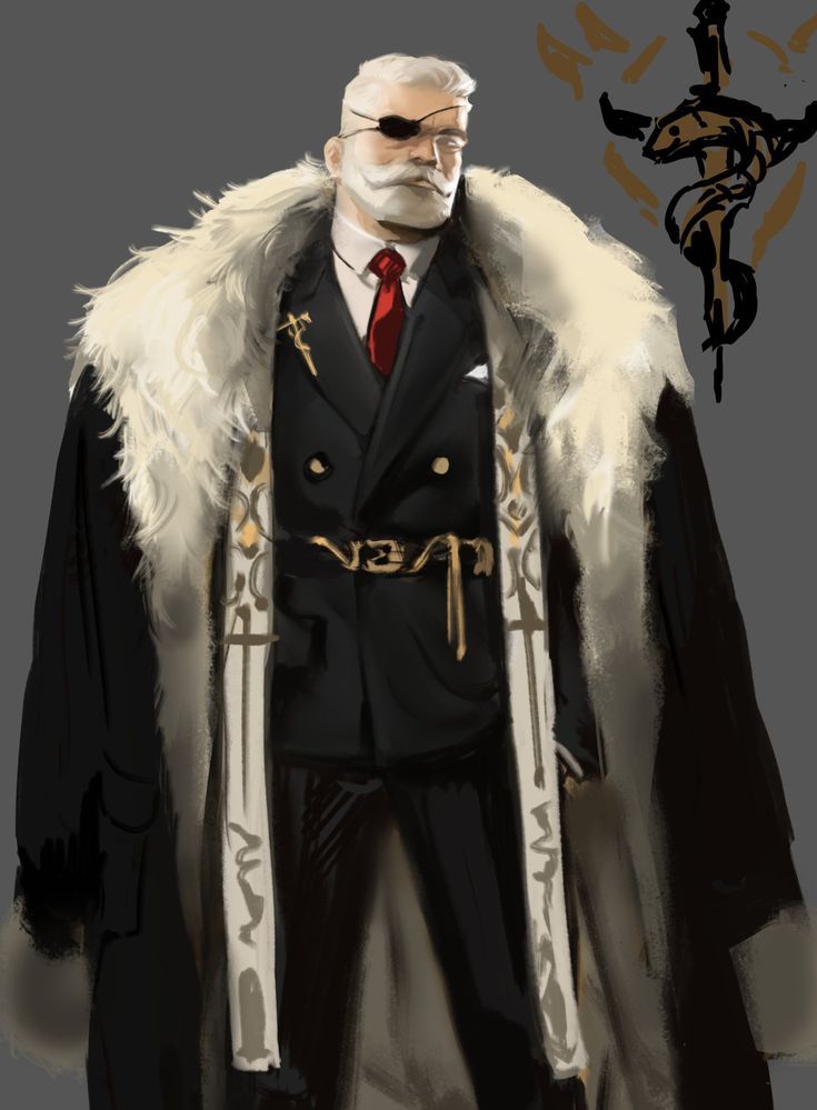 a drawing of a whitehaired man wearing an eyepatch, a black doublebreasted suit, and a large white fur coat. he has a thick white mustache. he is also wearing a red tie and a small gold pin. behind him on the right is a symbol of a snake coiled around a sword.