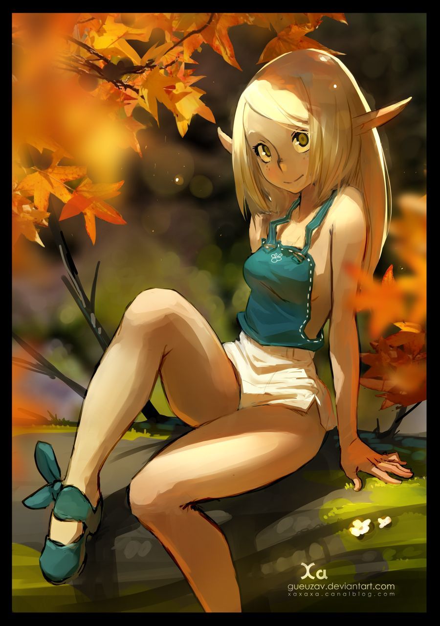 this is a digital art illustration of an anime elf girl with long blonde hair, she is wearing a blue shirt, white shorts, and blue shoes, she is sitting on a rock in a forest with autumn leaves around her, she is smiling and looking at the viewer.