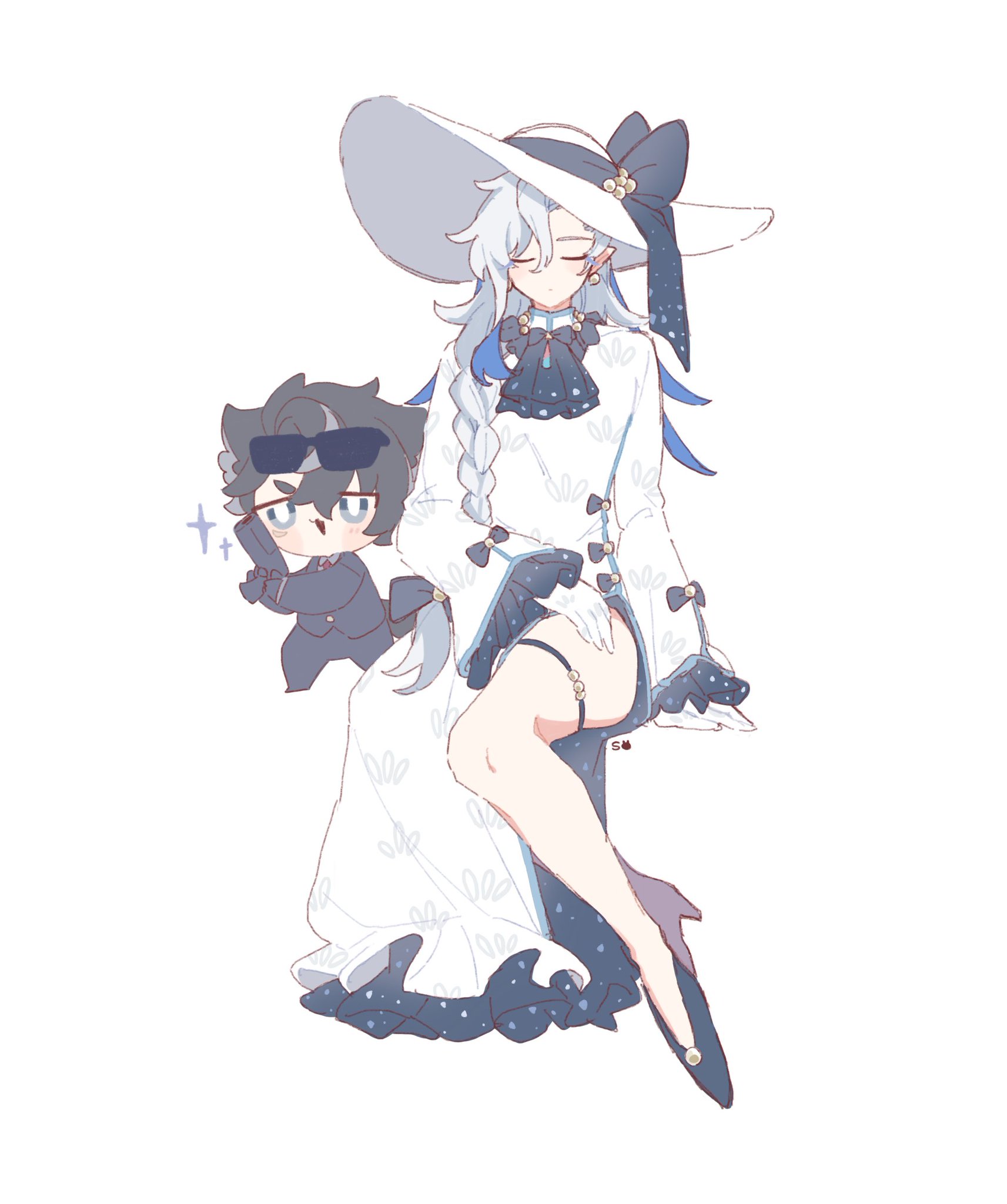 the image shows a digital drawing of two animestyle characters. the main focus is on a tall female character with long, braided, light blue hair, wearing a large white sunhat with blue ribbons and an elegant white and blue dress. she's sitting with her legs slightly spread, wearing stockings and elegant shoes.  a smaller, chibistyle character, appearing male with dark hair and sunglasses, is sitting on her lap.  the style is soft and pastel, with a dreamy aesthetic. the artwork has a whimsical and slightly suggestive tone due to the pose of the main character. the background is plain white. the overall style suggests it might be fanart, possibly from a game like genshin impact given the character designs.