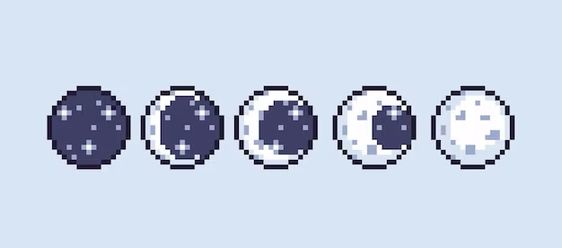 five pixel art depictions of the phases of the moon, from new moon to full moon.