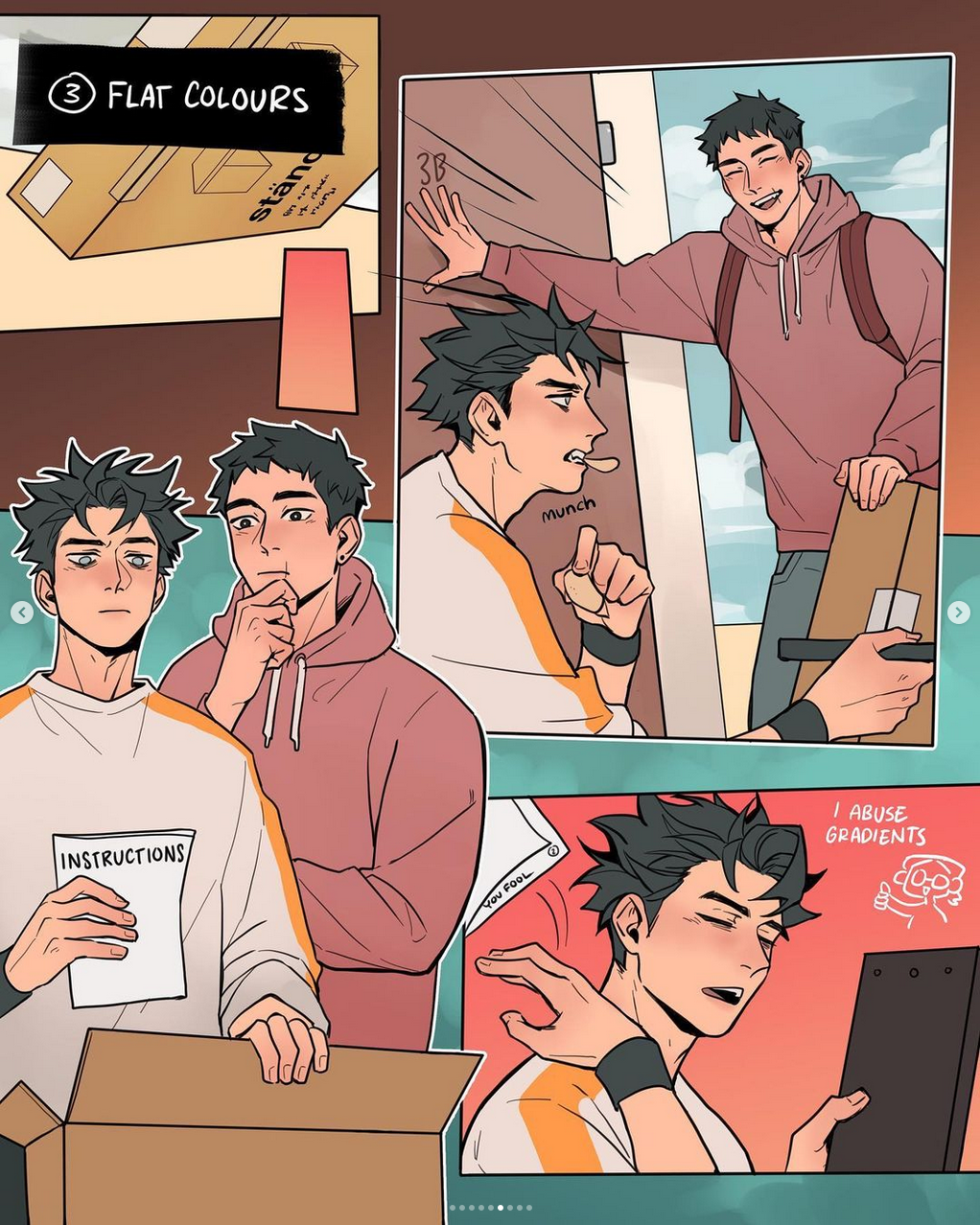 this image shows a series of four comic panels featuring three stylized men.  the panels illustrate the process of adding flat colors and gradients to a comic page. two men stand near a box labeled "stand" in the top left panel, which focuses on flat colors. the top right panel features a man with a backpack opening a door, showcasing flat colors with light shading. in the bottom left panel, one man holds instruction papers while another observes, illustrating more detailed shading and lighting. the final panel in the bottom right depicts a closeup of a man holding a drawing tablet, highlighting the use of vibrant gradients. the overall image celebrates the creative process of comic creation.