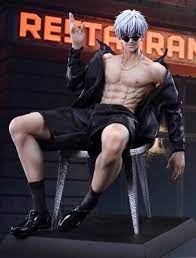 the image shows a detailed figurine or statue of a muscular, shirtless anime or mangastyle male character. he has silver hair, sunglasses, and is wearing a black jacket and shorts. he's sitting on a chair with his legs spread, striking a confident pose.  the background features a blurredout restaurant sign, suggesting an urban or nightlife setting. the overall style is highquality and evocative of a collectible action figure.