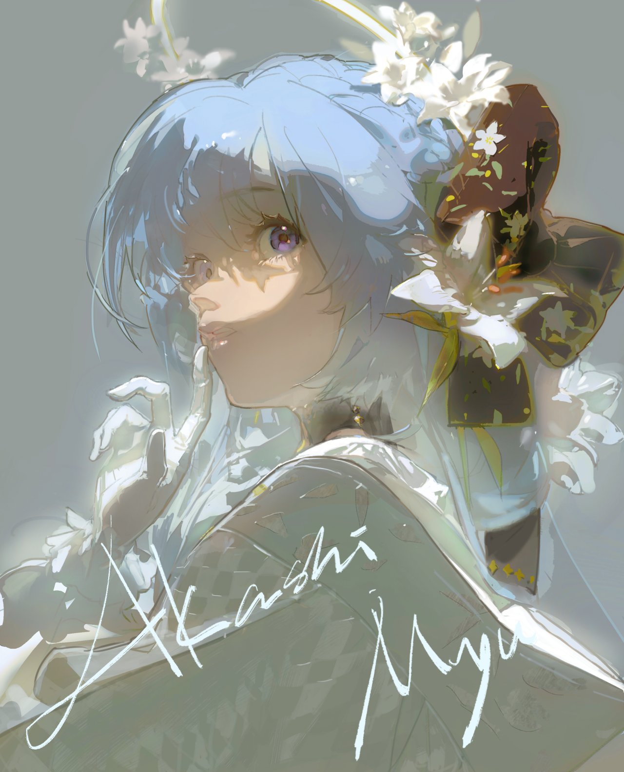 a digital illustration of an anime girl with long blue hair and white flowers in her hair. she is wearing a white dress and a kimono. she is looking at the viewer with a soft expression on her face. the art style is whimsical and dreamy.