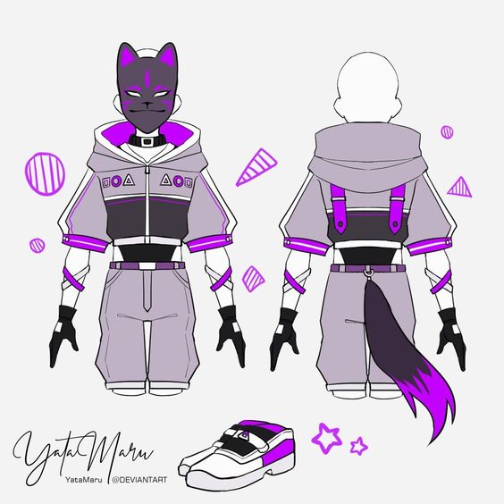 a digital illustration showcasing a character design, likely for a game or story. the character has a purple and black color scheme with a futuristic, cyberpunkinspired outfit. they have a wolflike mask and a tail, suggesting they might be a hybrid creature. the image includes front and back views of the character, as well as a detailed closeup of their footwear.