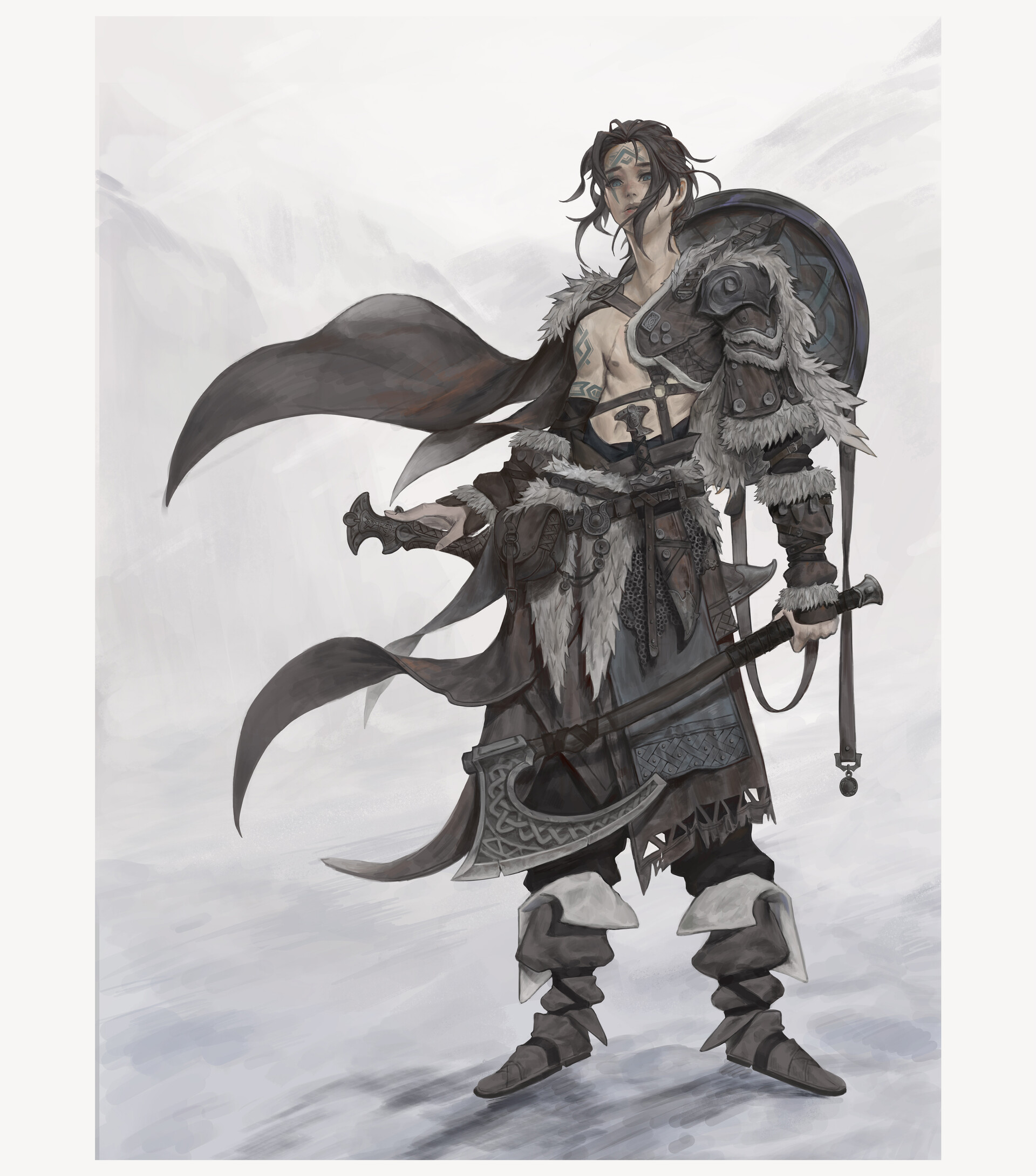the image showcases a lone viking warrior standing against a backdrop of snowy mountains. he is clad in furs and leather, armed with an axe and shield. his long hair and beard, along with the intricate details of his attire, speak of his nordic heritage.