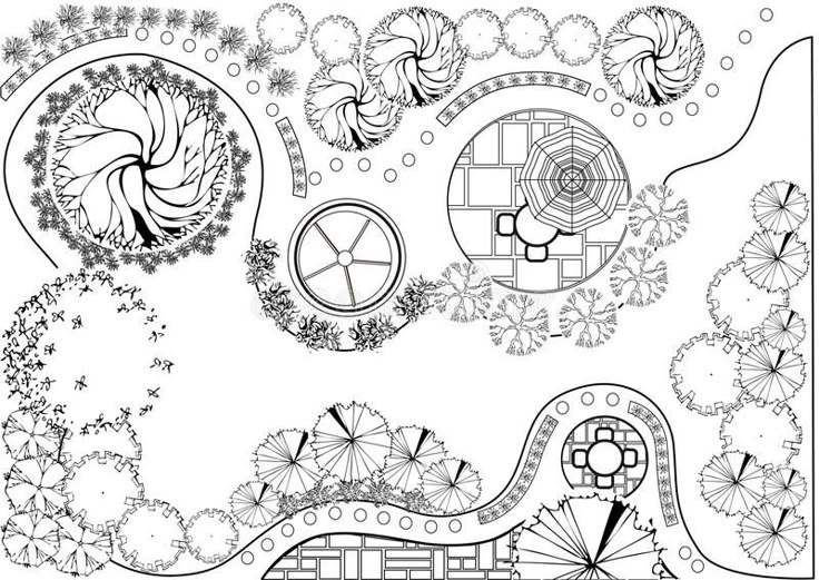 the image shows a detailed architectural drawing of a garden design or landscape plan. it depicts an overhead view of various elements including trees, shrubs, paving, a patio area with furniture, and other circular design components. the layout includes a combination of hardscaping and planting areas.
