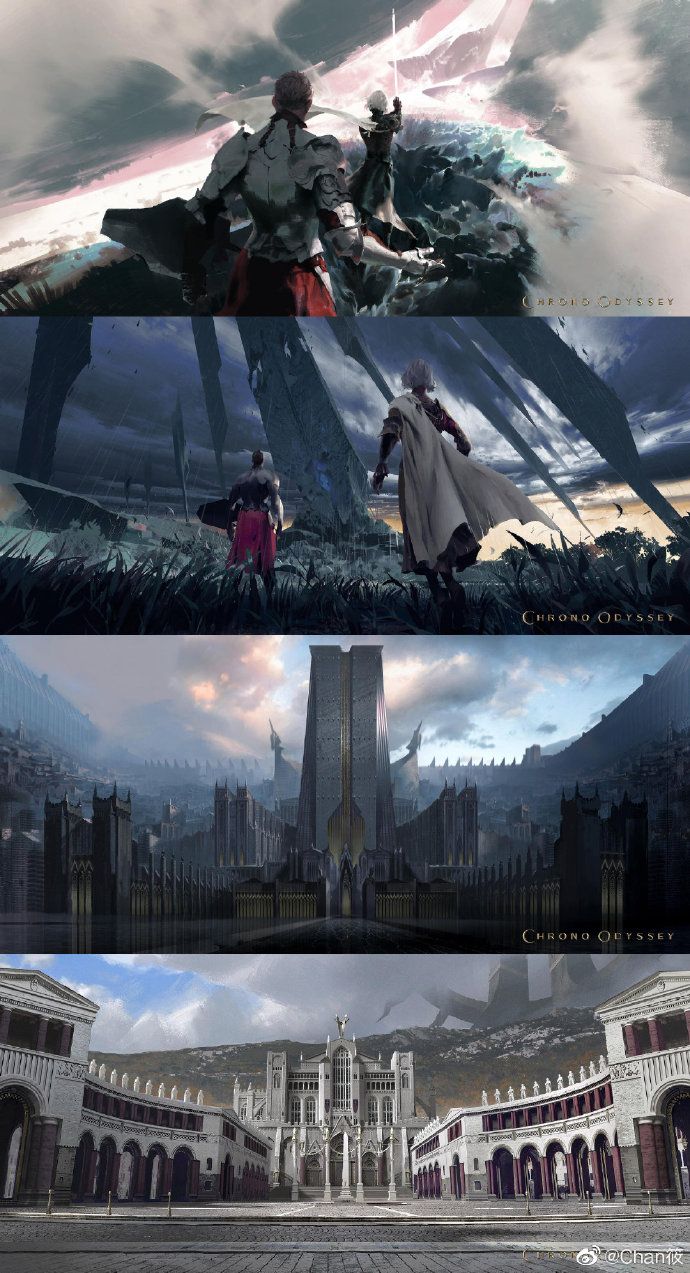 the image is a fourpanel digital concept art piece showcasing different environments and characters from the video game "chrono odyssey".   panel 1: depicts two figures in armor seemingly after a battle, amidst a desolate, broken landscape with a large, fragmented structure in the background.  a sword is visible. panel 2: shows two figures walking away from a towering structure towards a field with tall grass, hinting at a more peaceful setting or perhaps a moment of reflection after conflict. panel 3: presents a wide shot of a grand, dark, possibly medievalfuturistic city. the architecture is imposing and suggests a blend of gothic and modern elements. panel 4: displays a more classical setting, showing a spacious square with renaissancestyle buildings, in stark contrast to the darker tones of the previous panels. this could represent a different region or time period within the game's world.the overall style of the art is dark, dramatic, and richly detailed, emphasizing a blend of fantasy and potentially science fiction elements.  the consistency of characters and the style across the four panels strongly suggests it's meant to give an overview of different locations or key moments in the game.