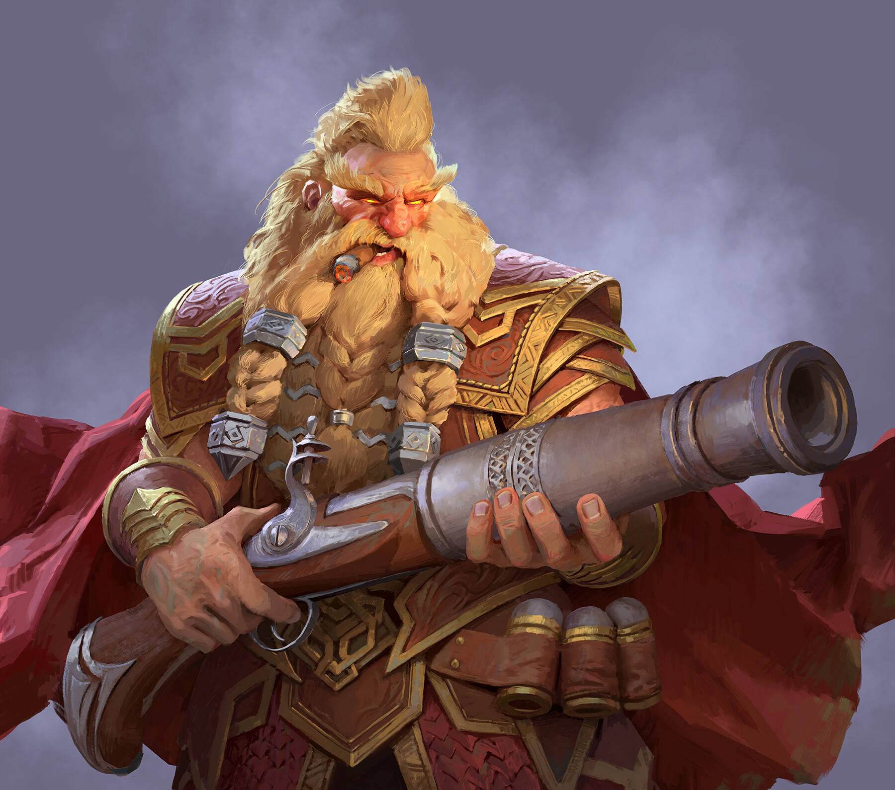 the image shows a dwarf warrior holding a large rifle. he is wearing elaborate armor with a red cape. he has a long blonde beard and hair, and he is smoking a cigar. the image is lit with studio lighting, giving it a dramatic look.