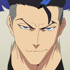 the image shows a closeup illustration of an adult male anime character. the man has short black hair with a blue streak, sharp blue eyes, and a serious expression. he appears to have a muscular build.