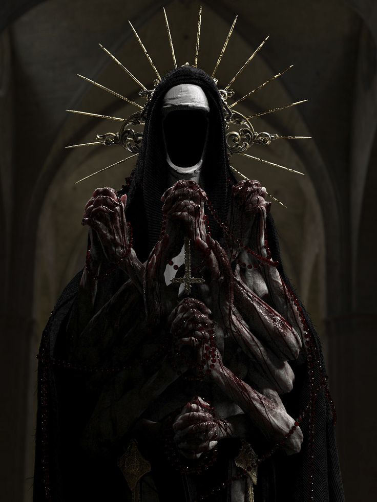 a horrifying figure with a dark hooded cloak is adorned with a golden halo of spikes and many bloody hands holding a cross.  the figure's face is hidden in shadow, creating an aura of terror. the image is dark, moody, and evokes a sense of evil and dread.