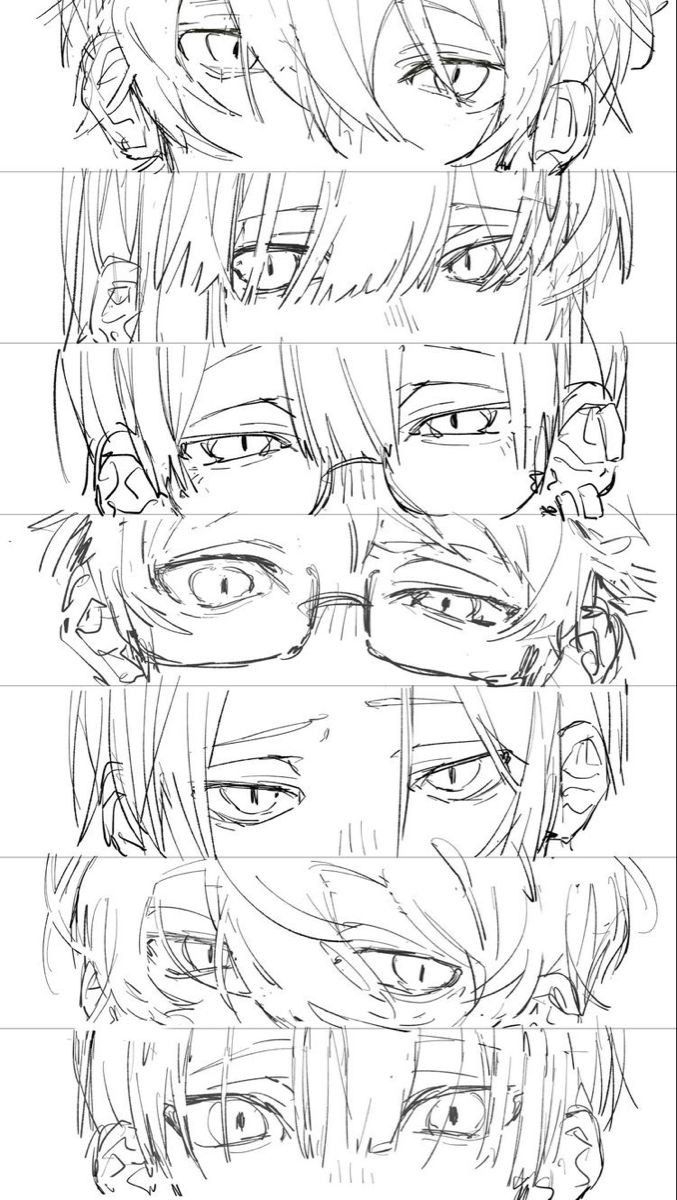 the image is a vertical stack of closeup sketches of anime or mangastyle character heads, each featuring different hairstyles and expressions. the style is somewhat rough and unfinished, suggesting these are preliminary design sketches.  the focus is primarily on the characters' eyes, with varying degrees of detail and intensity of expression.  one character wears glasses.  the overall impression is a series of character development sketches.