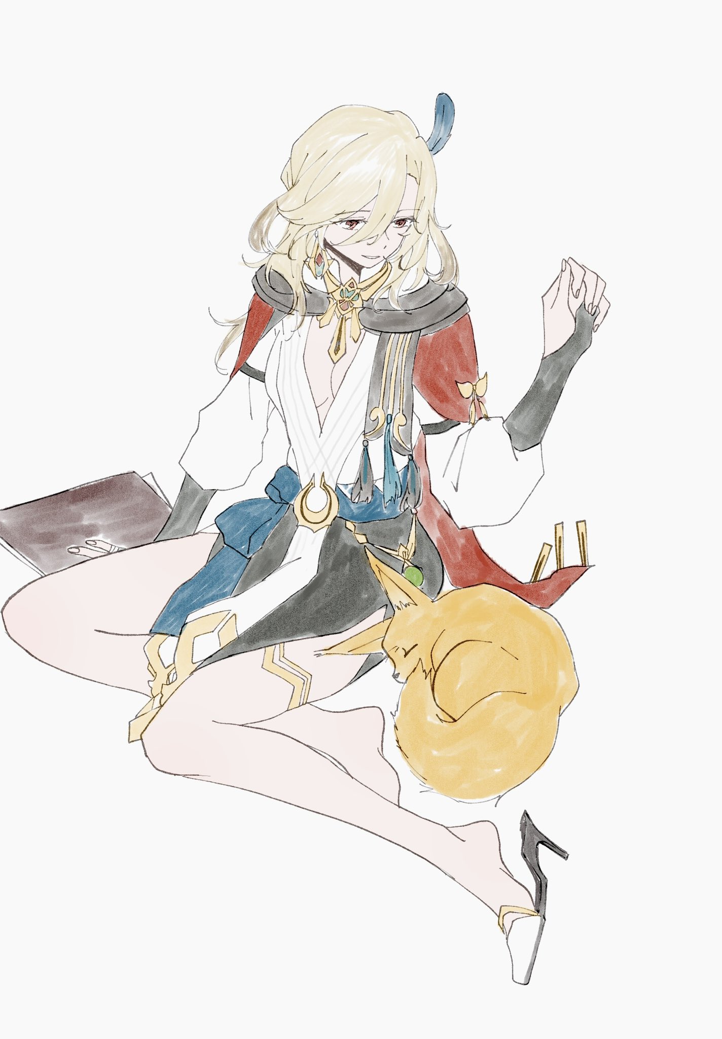 the image is a digital art piece depicting a cute anime girl with long blonde hair and blue eyes, she is wearing a white dress with a red cloak, a blue bow and a gold belt, she is sitting with a book in her lap, and she has a furry fox sitting beside her, she is smiling and looking at the viewer. the background is white, which makes the girl stand out. the art style is very detailed and expressive.