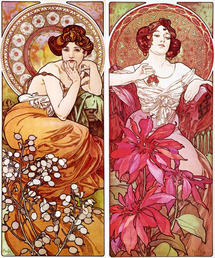 the image shows a diptych (two panels) in the art nouveau style by alphonse mucha. each panel features a beautiful woman in elegant period clothing, depicted in a highly stylized manner characteristic of mucha's work.  the woman on the left is dressed in oranges and yellows and is seated amidst lightcolored flowers. the woman on the right wears a pink dress and is surrounded by vibrant red flowers.  both panels incorporate ornate circular decorative elements and flowing lines, typical of the art nouveau aesthetic.  the artwork displays a refined sense of beauty and grace, typical of mucha's work. the overall color palette is warm and rich.