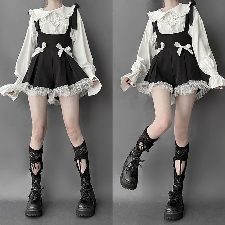 a photo of a woman posing in a studio. she is wearing a lolita fashion outfit which features a black and white color scheme. the outfit consists of a white blouse with a peter pan collar, a black pinafore dress with lace trim, white socks with black ribbon detail, and black platform boots. the photo is welllit and shows the outfit from different angles.