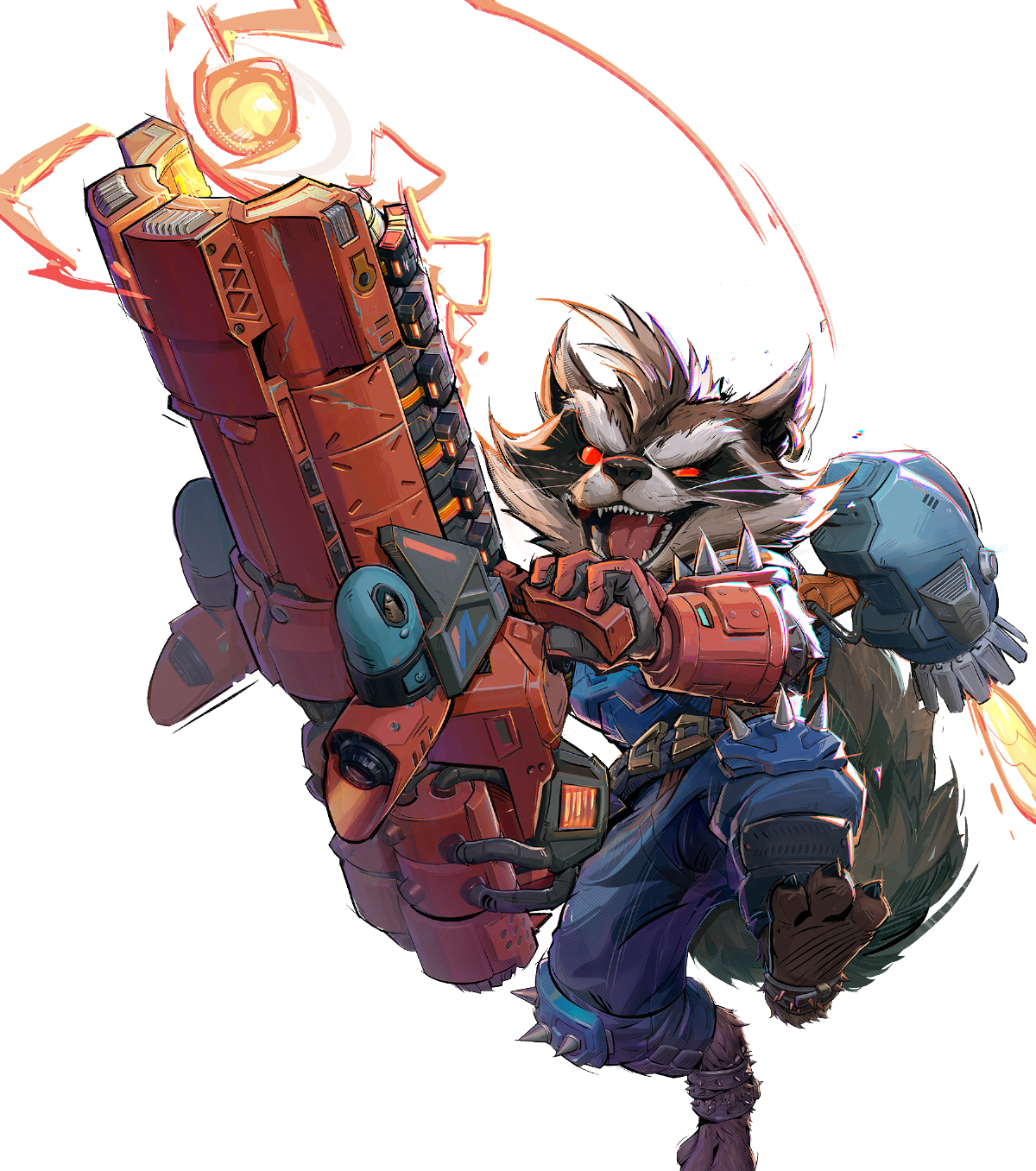 the image is an illustration of rocket raccoon, a character from marvel comics, holding a large futuristic gun. he is posed in an action stance, showing off his anthropomorphic raccoon features and spiked costume details. the artwork is colorful and dynamic, reminiscent of comic book art.