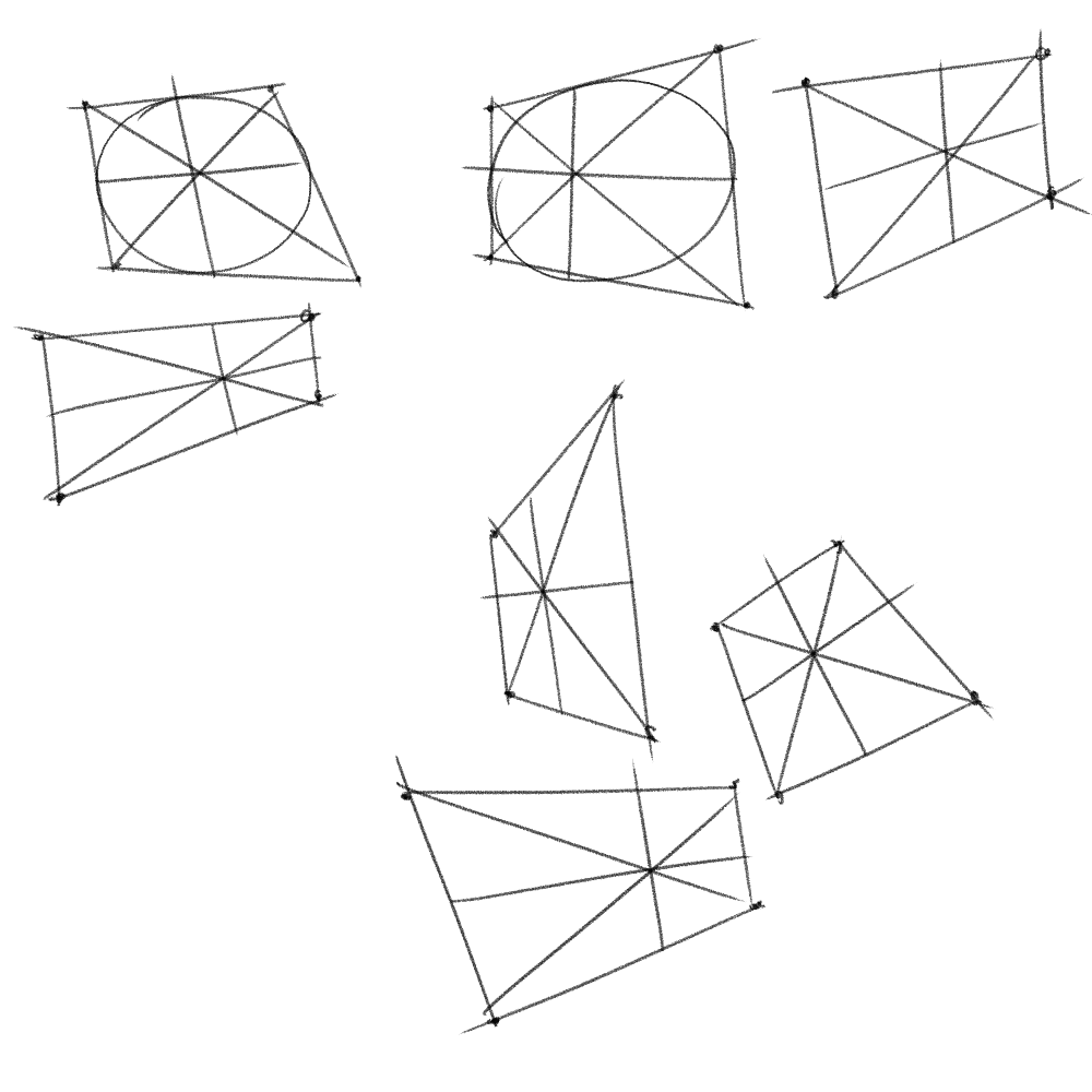 he image contains a collection of handdrawn geometric shapes.  these shapes are mostly quadrilaterals and ellipses, each with lines drawn from the center to each vertex or edge. the shapes are at different angles and orientations, suggesting a perspective or dynamic element.  the style is loose and sketchy, rather than precise and technically perfect. the lines are irregular and slightly wobbly, reflecting the handdrawn nature of the artwork.  the overall impression is one of exploring geometric relationships and visual dynamics.
