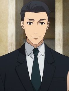 the image shows a closeup illustration of an anime man. he is wearing a black suit with a white shirt and a dark green tie. he has short, styled black hair and brown eyes. he is facing forward and smiling slightly. the background is blurred, suggesting an indoor setting. the lighting is soft and diffused.