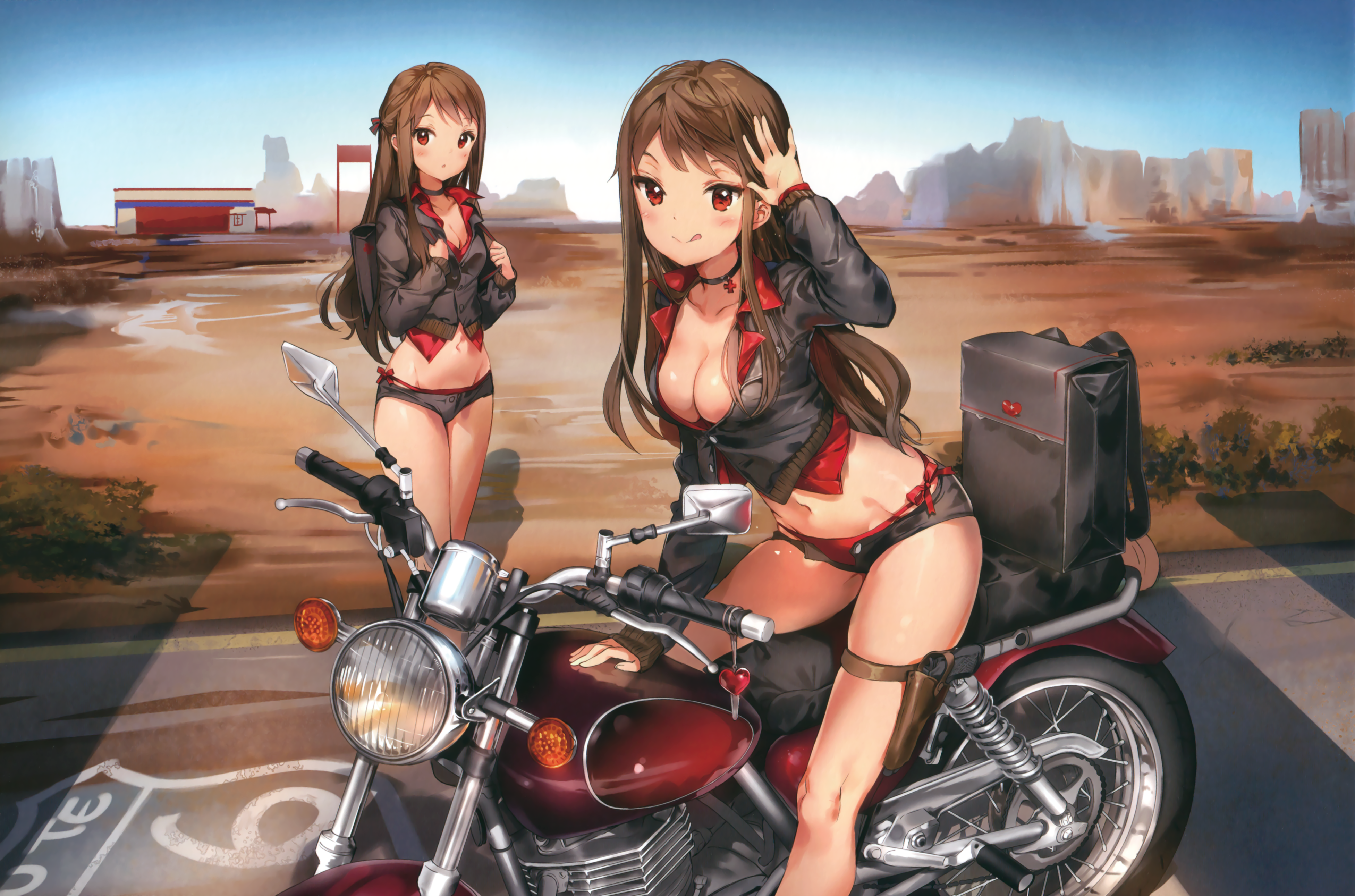 the image shows two anime girls in a desert setting. one girl is standing next to a motorcycle, while the other is sitting on the motorcycle. both girls are wearing similar outfits that consist of short black jackets, red shirts and bikini bottoms. they both have brown hair. the motorcycle is a dark red color and has a backpack on the back. the background is a vast desert landscape with a road and a gas station visible in the distance. the overall style of the image is animeinspired and has a slightly erotic feel to it.