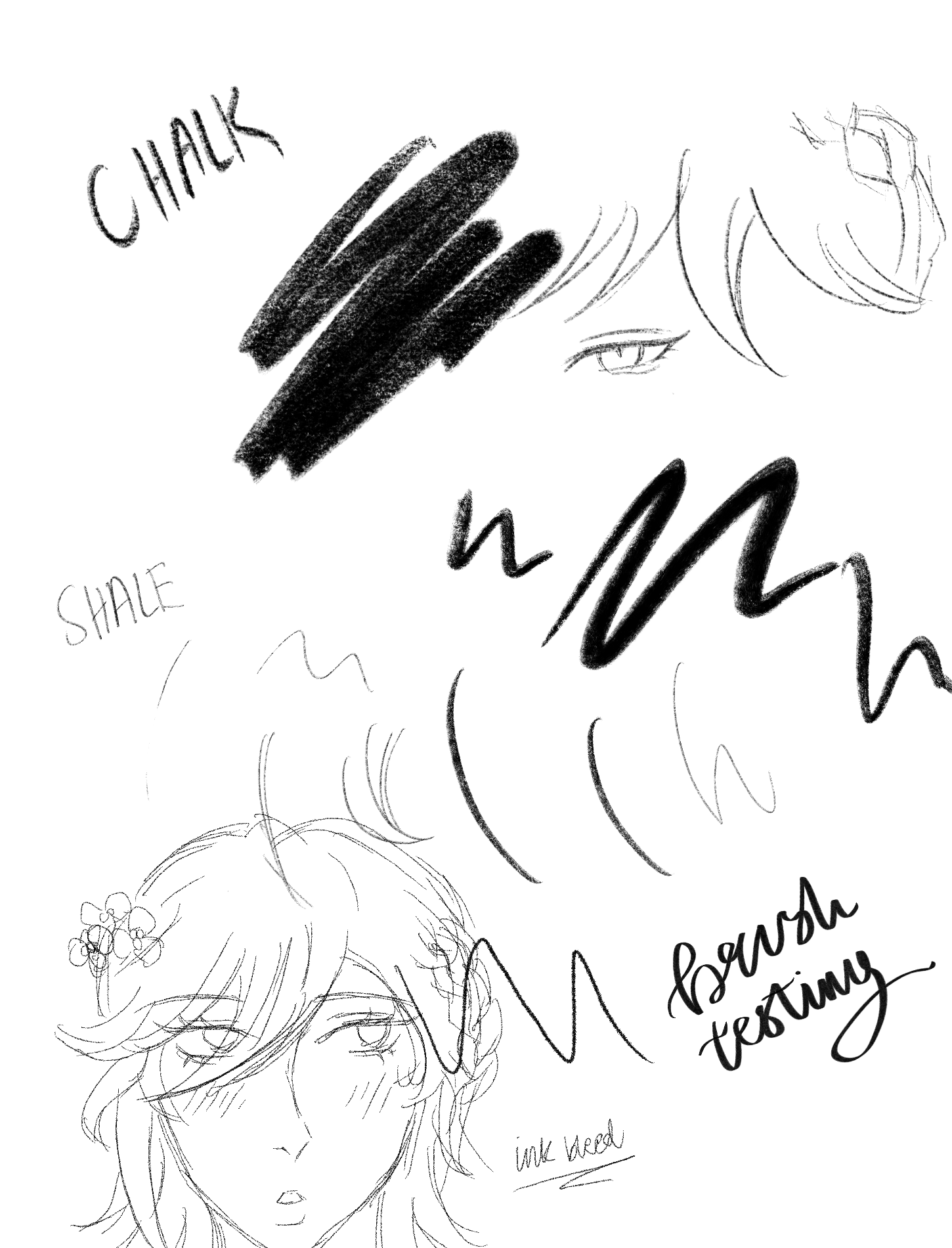 the image is a collection of sketches and text annotations related to different drawing media and techniques.  there are examples of textures created with chalk and what seems to be shale or a similar material.  a prominent section shows "brush testing" with various strokes of ink, possibly illustrating different brush techniques or ink types.  in addition, there are sketches of anime/manga style faces, with a focus on hair and eyes, along with annotations indicating "ink bleed."  the overall style is loose and experimental, indicative of a sketchbook or practice session.