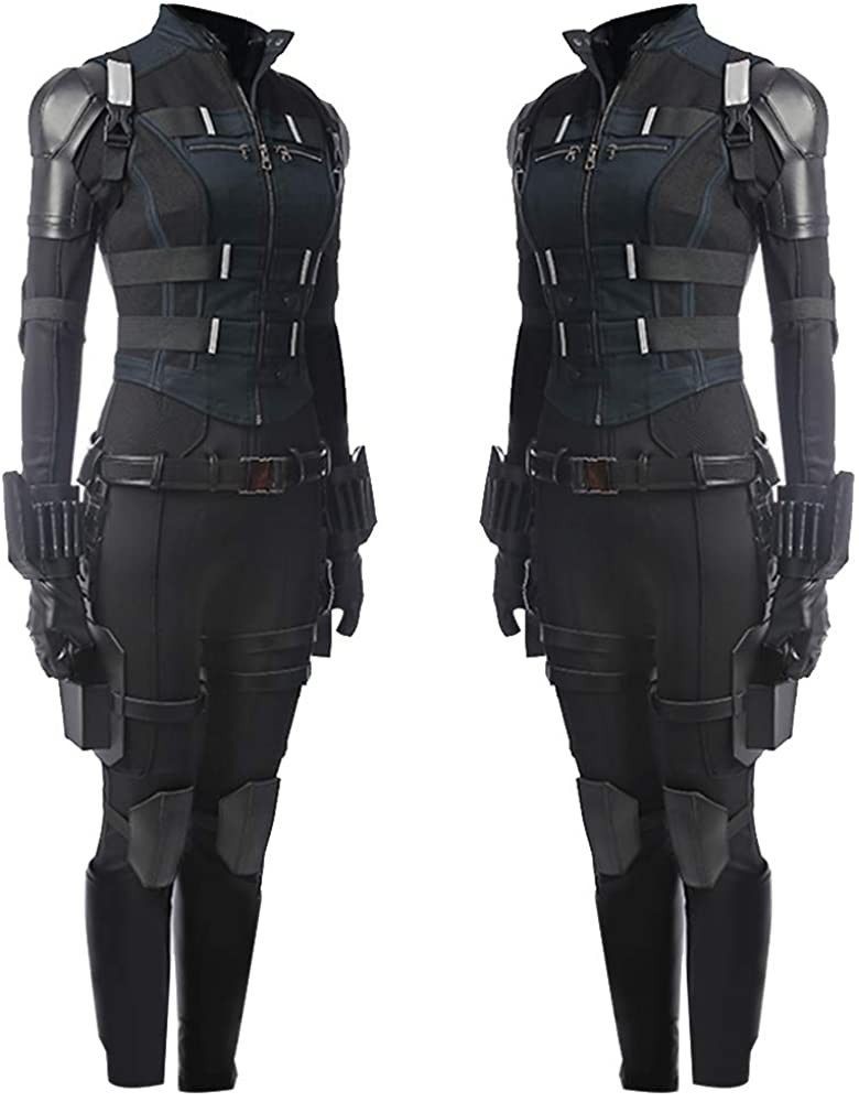 this image shows two identical figures of a black widow cosplay. both figures are women dressed in a full black widow costume. the costume is all black and made of a leatherlike material. it includes a tightfitting jacket with a high collar, a pair of long pants with knee pads, and a belt with a buckle. the costume also features various other details, such as the arm gauntlets and the thighhigh boots. the figures are both holding weapons, which look like pistols or guns. they're both facing forward with their hands on their weapons, which give them an action pose. the background is white, which allows for a better view of the figures.