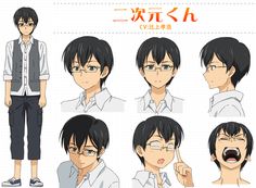 this image is a character design sheet for an anime or manga character. the character is a young man with short black hair and glasses. he is shown in a variety of poses and expressions, including smiling, angry, and surprised. the character is wearing a white shirt, a grey vest, and black pants. he is also wearing white shoes. the background is white. the image is welllit and the character's features are clearly visible.