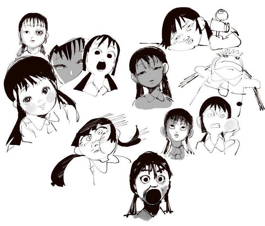 this is an image of anime character sketches drawn in black and white. each character has a different facial expression and body language, showcasing a range of emotions. the art style is simple and whimsical, with a focus on the characters' expressions.