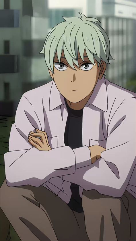the image features a young man with short, spiky mint green hair styled up. he has a serious expression on his face with thick eyebrows and sharp eyes. the character is wearing a white, collared buttondown shirt with the sleeves rolled up to his elbows, revealing a black undershirt. he is sitting with his arms crossed, conveying an air of coolness and confidence. the background suggests an urban setting, possibly a rooftop, with blurred buildings visible, adding to the character's coolness. the overall style of the image points to it being from an anime or manga.