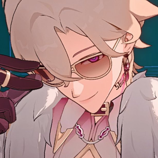 a digital art illustration of a male anime character with white hair. he is wearing a white shirt with a pink collar, a gold necklace with purple jewels, and black sunglasses. he is smiling, looking to the side, and raising his left hand.