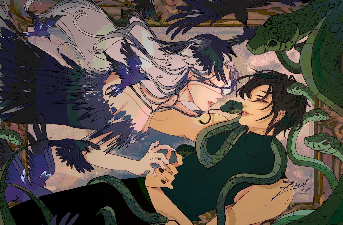 the image depicts a young couple, a man and a woman, intertwined in a loving embrace.  the woman, with long flowing white hair and feathery black wings, lies atop the man, her eyes covered by a blindfold. she is surrounded by a flock of black birds, their wings spread in flight.  the man, with dark hair and a black shirt, is entwined with numerous emerald green snakes. they gaze into each other's eyes, their hands clasped together. the background features a warm, textured pattern resembling an ornate frame, further highlighting the couple.