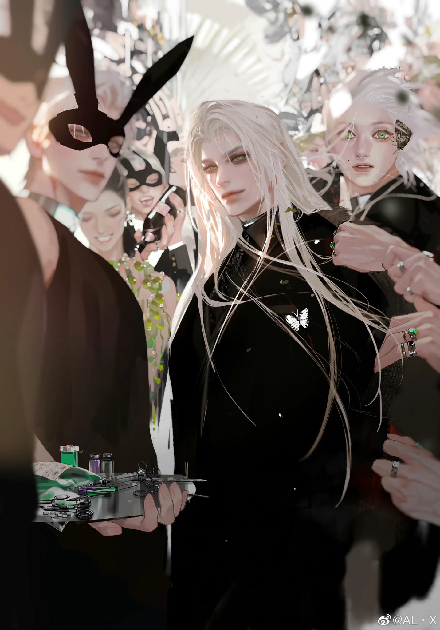 the illustration features a central figure, an androgynous man with striking white hair, the length of which cascades down his back. he is adorned in a sleek black suit, the only pop of color being a delicate white butterfly perched on his chest. his pale complexion is highlighted by the surrounding figures, many of whom sport intricate masks, a common theme in the image. the setting appears to be a bustling indoor gathering, possibly a masquerade party, evident from the festive attire and the general air of revelry. the lighting is bright, illuminating the scene and emphasizing the contrast between the darkness of the attire and the paleness of the central figure's skin and hair. a sense of intrigue and mystery pervades the image, heightened by the obscured faces and the enigmatic expressions of the characters.