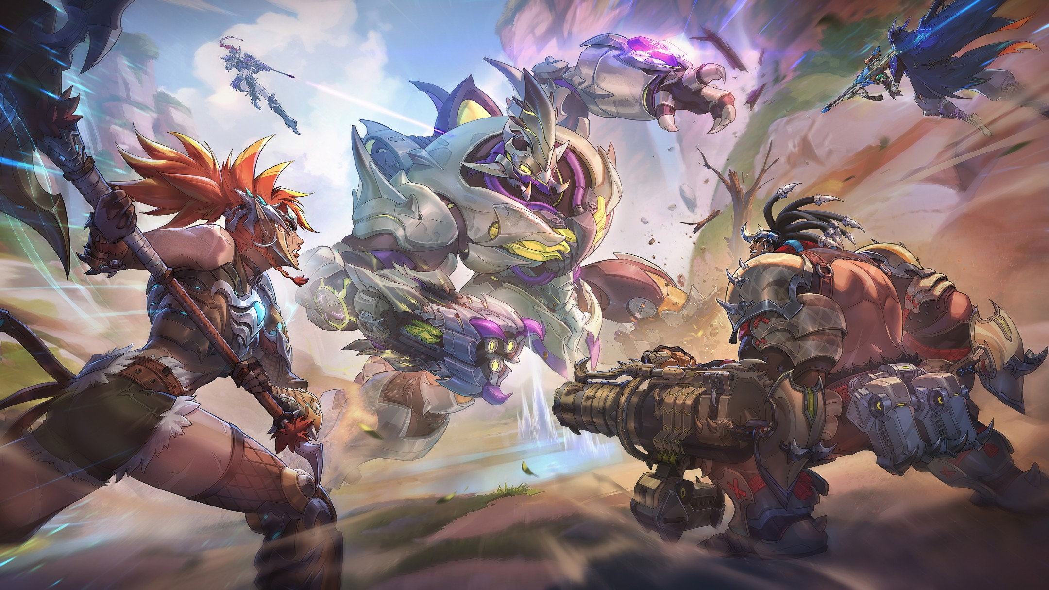 a digital illustration of a fantasy battle scene. in the foreground, a female warrior with red hair and a horned helmet is holding a large axe and facing a giant robot. the robot has a large gun arm and a face with a large circular eye. behind them, a male warrior with dreadlocks and large axes on his back is facing the robot. the robot is holding a large gun in its other hand. in the background, a small female warrior in blue is flying over the scene. the entire scene is filled with smoke and dust, giving the impression of a fierce battle.