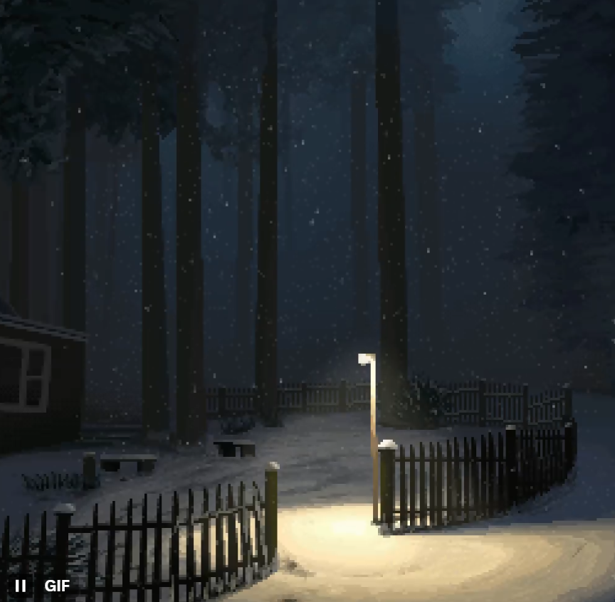 the image depicts a pixelated, snowy landscape at night. a wooden fence borders a snowcovered walkway leading through a forest of tall, dark trees. a single street light illuminates a section of the path and the surrounding snow. a small portion of a house is visible on the left side of the image. snow is falling, adding to the wintery atmosphere. the overall tone is peaceful and slightly mysterious.
