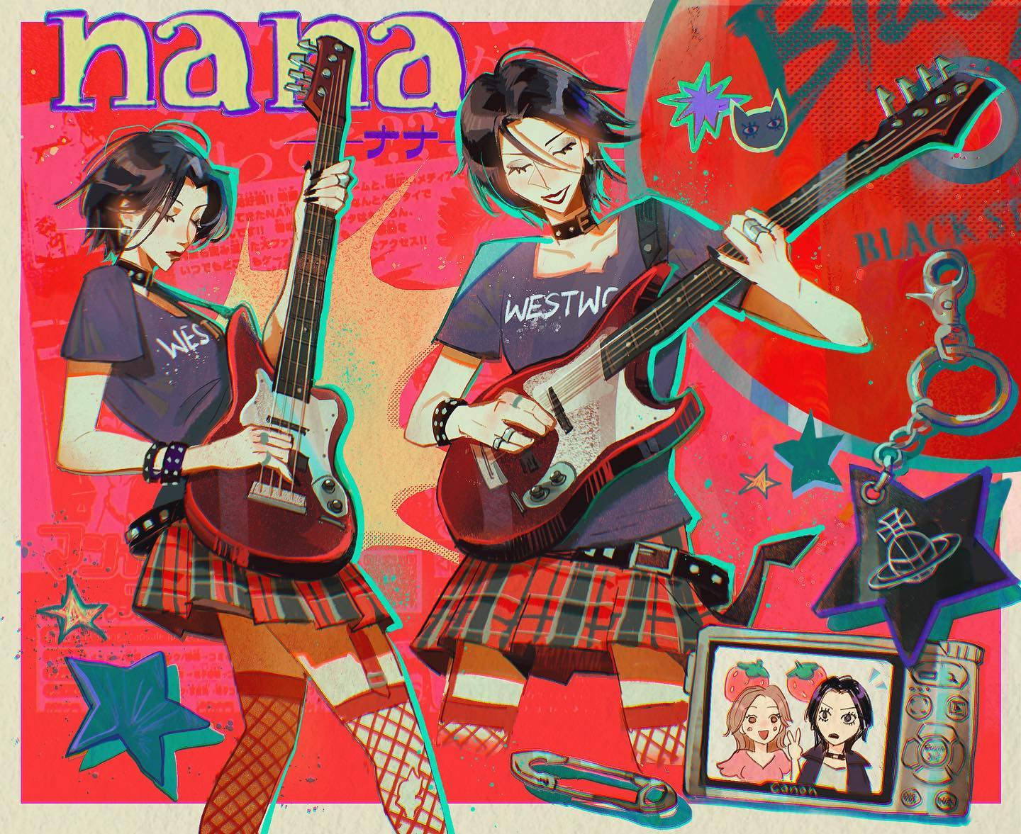 the image is a vibrant, stylized digital artwork featuring two animestyled girls who appear to be inspired by the manga and anime series "nana." both are dressed in punkrockinspired outfits with plaid skirts, fishnet stockings, and are playing electric guitars. one girl is wearing a "westwood" shirt, a nod to the vivienne westwood fashion brand. the background is a collage of bold colors, stars, graffitilike text, and elements reminiscent of 90s/y2k aesthetics. a small digital camera displays a photo of two girls who resemble the main characters from nana. the overall style is highly energetic and expressive, combining elements of manga, graphic design and pop culture imagery. the word "nana" is prominently featured at the top in stylized lettering.