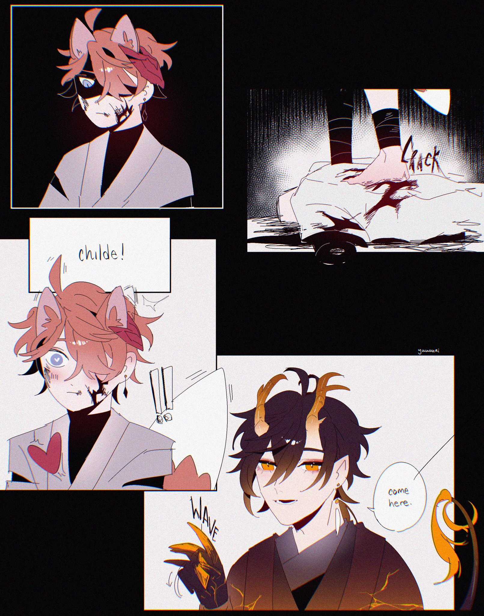 the image shows three panels. the first panel has a boy with red hair and red eyes with a mask over his eyes, the second panel shows a boy with black hair and horns in a dark room, the third panel shows a close up of the boy with black hair. the image is in the style of anime.