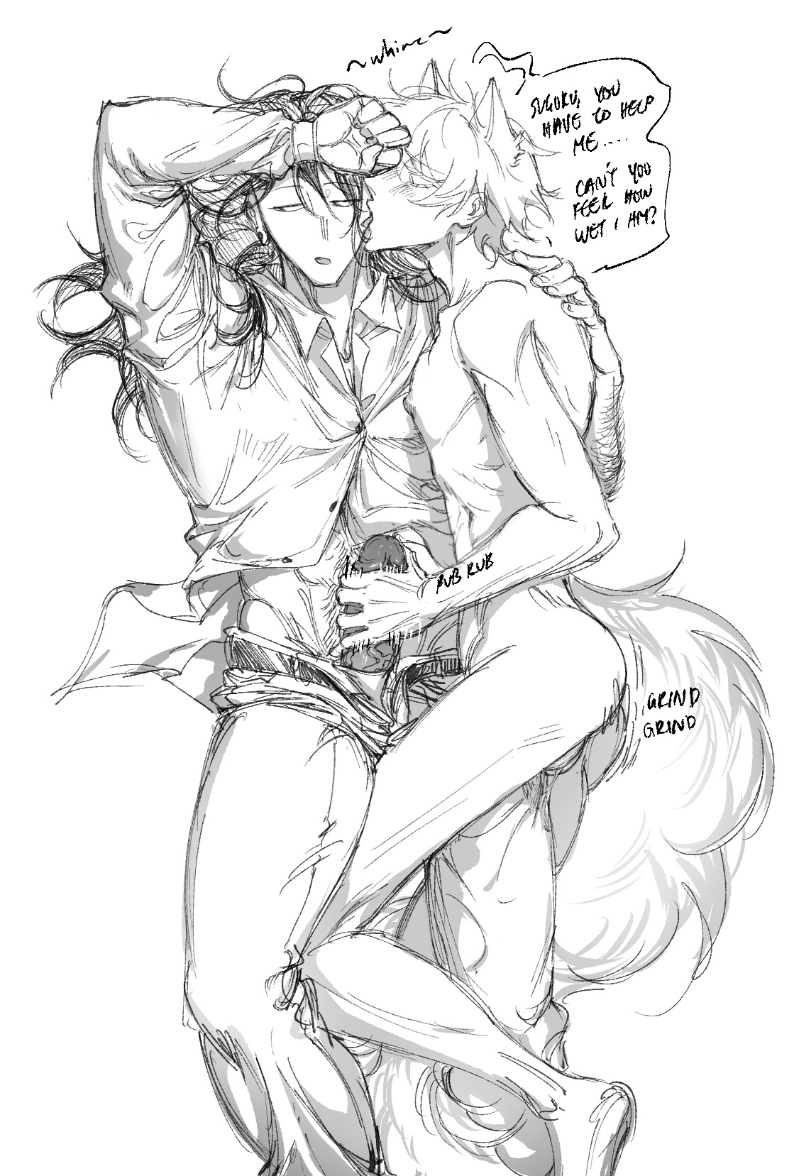 the image is a grayscale mangastyle sketch depicting a suggestive scene between two male characters. one character appears to be human, while the other is anthropomorphic, possessing wolflike features such as pointed ears and a fluffy tail. they are intimately embraced, with the anthropomorphic character holding the humanlike figure, who appears to be distressed and expressing a need for help.  the style is loose and expressive, focusing on capturing emotion and movement rather than precise detail.  the artwork contains textual annotations indicating the characters' interactions and emotional states. the scene is explicitly suggestive, hinting at sexual intimacy.