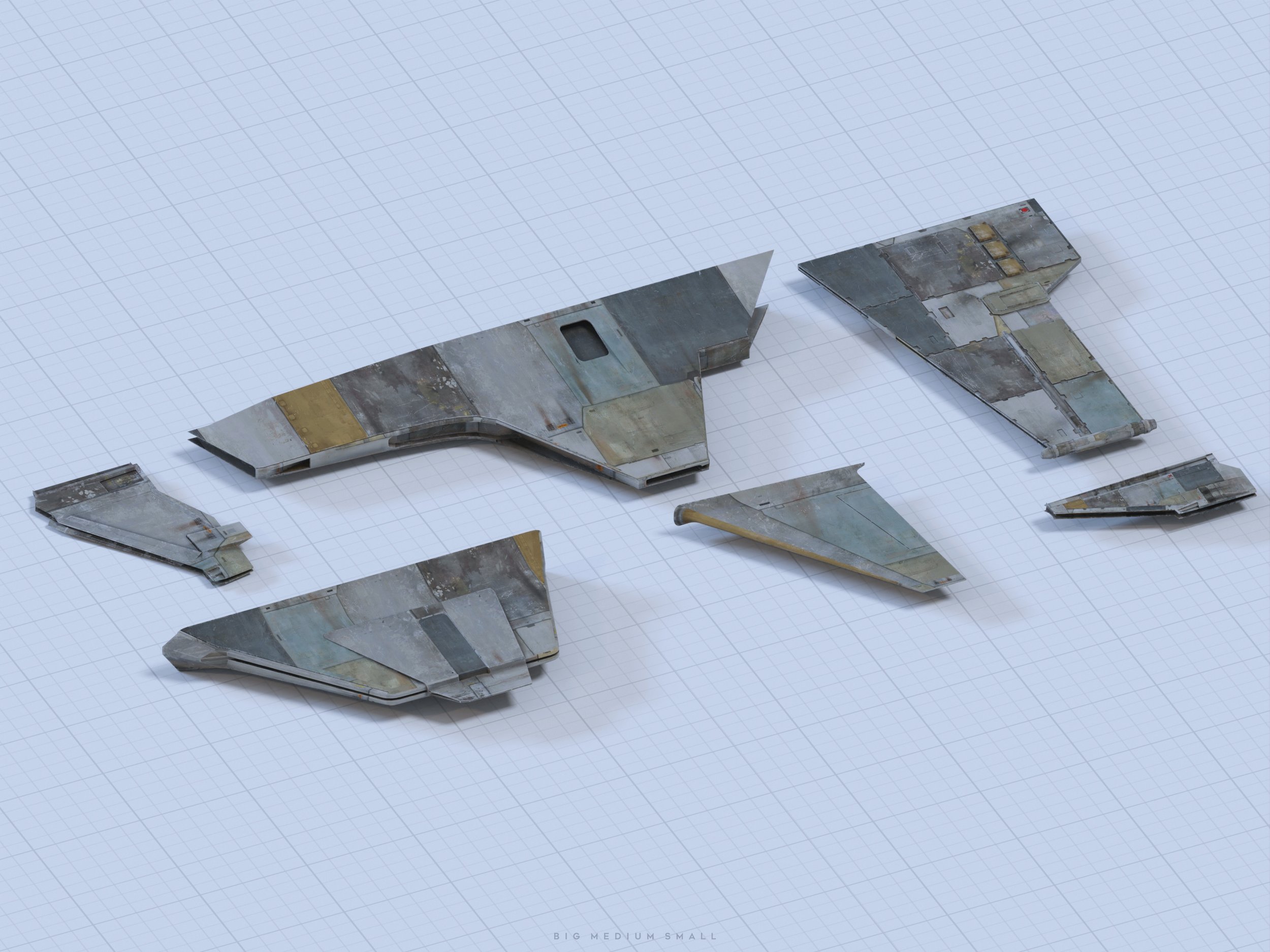 the image shows a 3d model of a spaceship that has been disassembled into its various component parts.  the parts are scattered on a gridded surface resembling a blueprint or design table.  the spaceship parts are textured to look old, worn, and possibly battledamaged, with a palette of muted greys, blues, and yellows dominating the color scheme. the overall style of the image is isometric.  the scene suggests the process of either repairing or constructing the spacecraft.