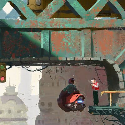 the image depicts a futuristic cityscape scene under an old, rusty bridge. the focus is on a person riding a futuristic red motorbike stopping by the sidewalk to seemingly talk to a pedestrian in red. the background suggests a rundown urban environment with dilapidated buildings and muted colors. the overcast sky and soft shadows create a moody and atmospheric feel.