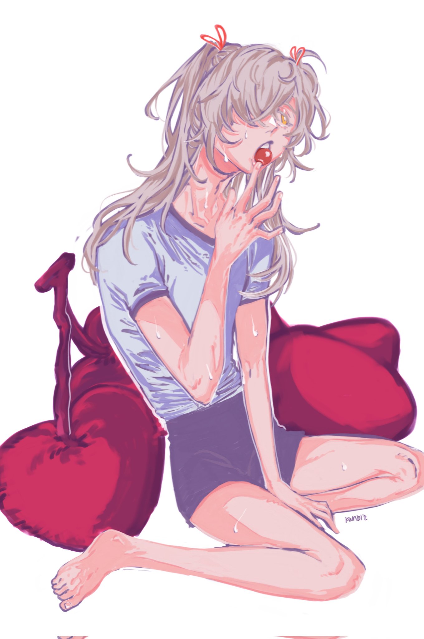 an anime girl with long white hair and red eyes