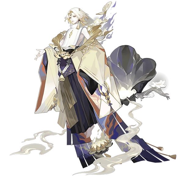 the image depicts a male anime character with long white hair, dressed in a traditional japanese kimono, standing amidst wispy clouds and smoke. his outfit is a mix of white, gold, blue, and black, with intricate details and delicate embellishments. he exudes an ethereal and mystical aura, hinting at supernatural powers or a connection to the spirit world.