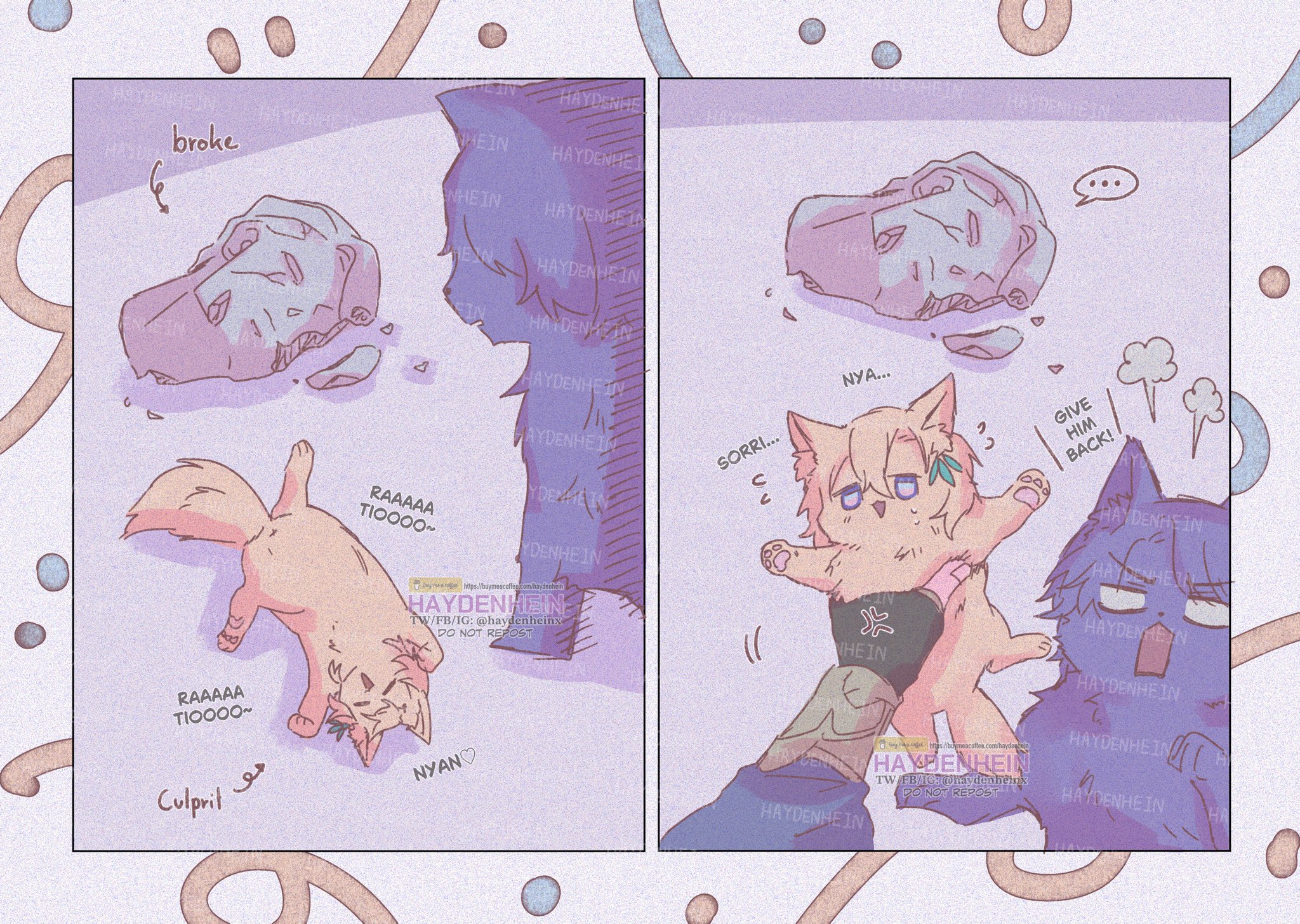 the image shows a twopanel comic with cute cartoon characters. the first panel shows a light brown cat laying on the floor with a broken statue behind it. the second panel shows a blue cat holding a light brown cat up. the light brown cat is crying and looks sad. the blue cat is angry and says give him back.