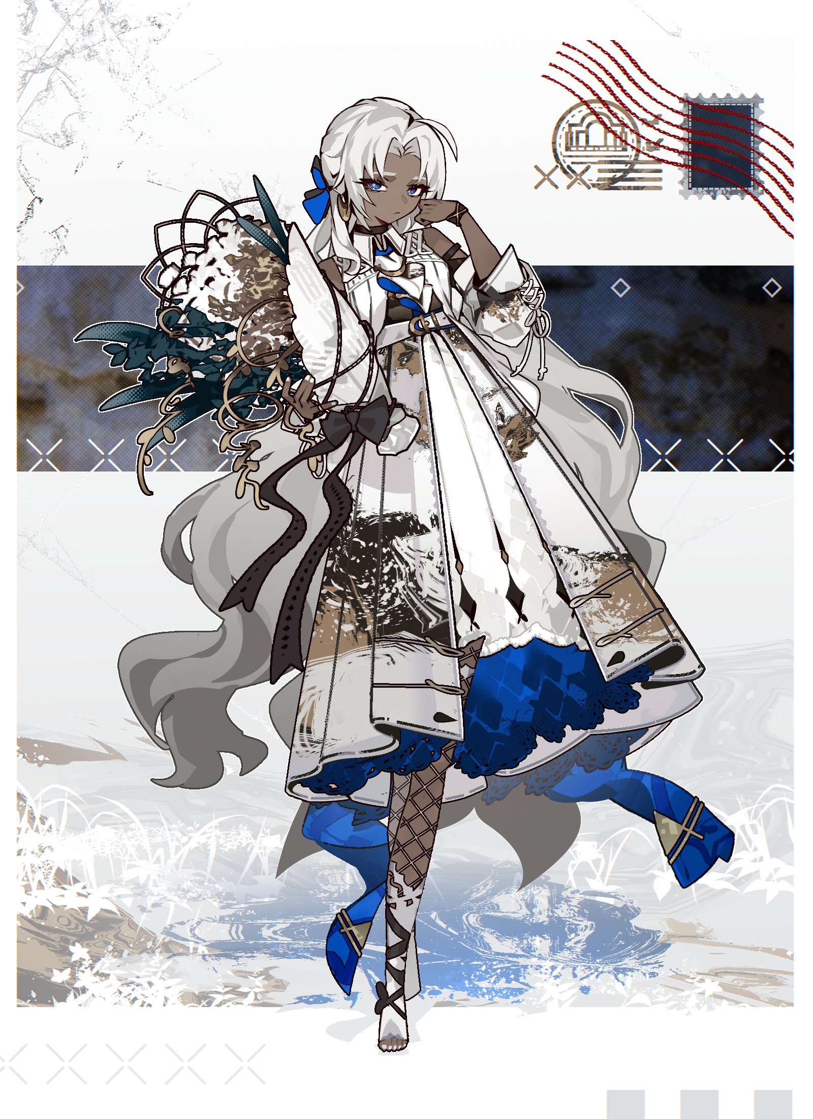 a digital illustration of a stylish woman with dark skin and long white hair, wearing a white and blue dress with intricate details. she stands against an abstract background with splashes of blue and gray, holding a bouquet of flowers. the lighting is soft, casting a gentle glow on her.