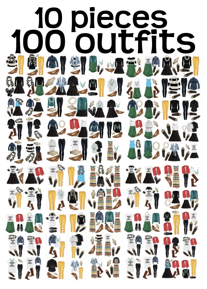 the image shows a collection of 100 different outfit combinations created using 10 pieces of clothing. the outfits include various styles of dresses, skirts, pants, jeans, tops, jackets, cardigans, shoes, accessories, jewelry, belts, bags, and watches. the outfits are designed to be versatile and stylish, showcasing how a small number of items can be mixed and matched to create a wide range of looks.