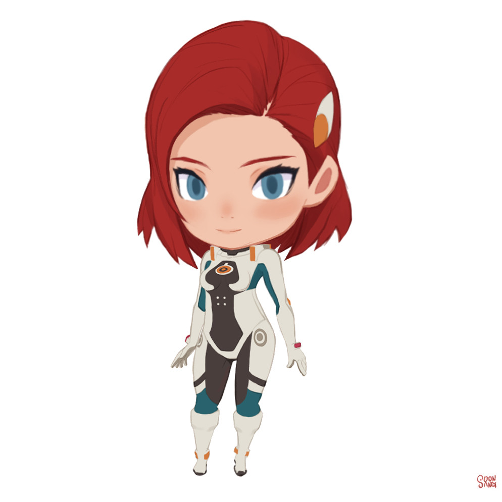 the image showcases a chibistyle illustration of a female character. she is dressed in a futuristic, white and teal spacesuit, accented with black and orange details. her vibrant red hair contrasts against her pale skin and bright blue eyes. the character is depicted in a standing pose, her hands slightly extended. the style is reminiscent of character concept art, with a focus on her costume and overall design. the soft lighting and high angle contribute to the image's approachable and cute aesthetic.