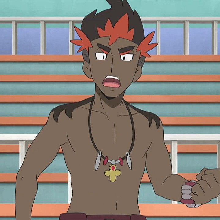 an anime character with red hair and a black skin tone is looking to the side in shock with his mouth open and arms outstretched.  he has a necklace with a pendant and a bracelet on his right wrist. he appears to be shirtless. the background is a blue and orange striped pattern that looks like a fence or bleachers.